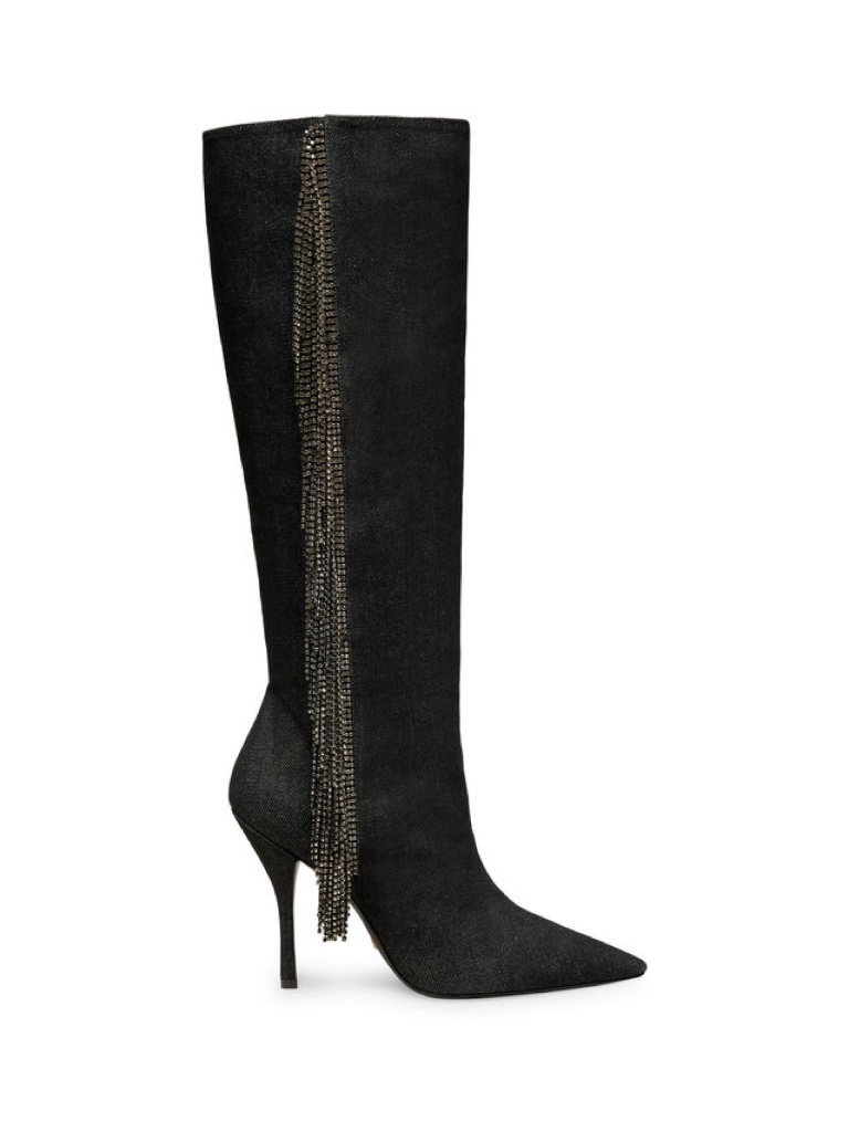 New Stuart Weitzman Crystal Fringe Boot Black Denim Sz 9.5